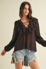 Flirt & Flutter Long Sleeve Frill Blouse - Chocolate