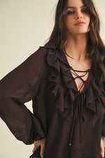 Flirt & Flutter Long Sleeve Frill Blouse - Chocolate