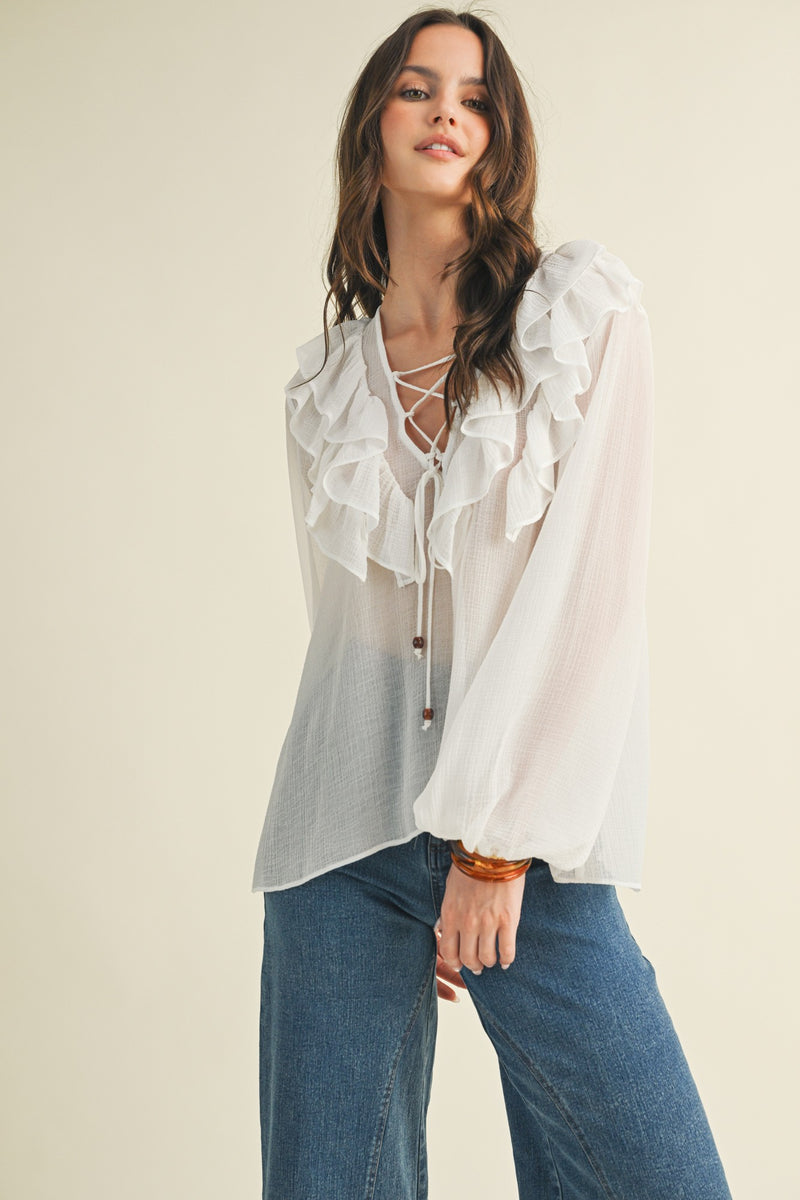 Frill of It All Long Sleeve Ruffled Blouse- White