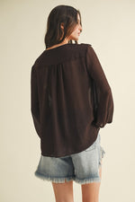 Flirt & Flutter Long Sleeve Frill Blouse - Chocolate