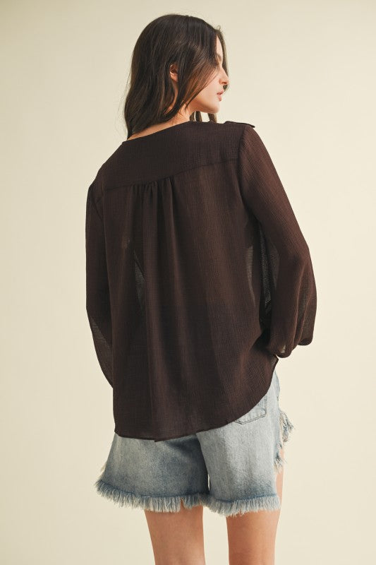 Flirt & Flutter Long Sleeve Frill Blouse - Chocolate