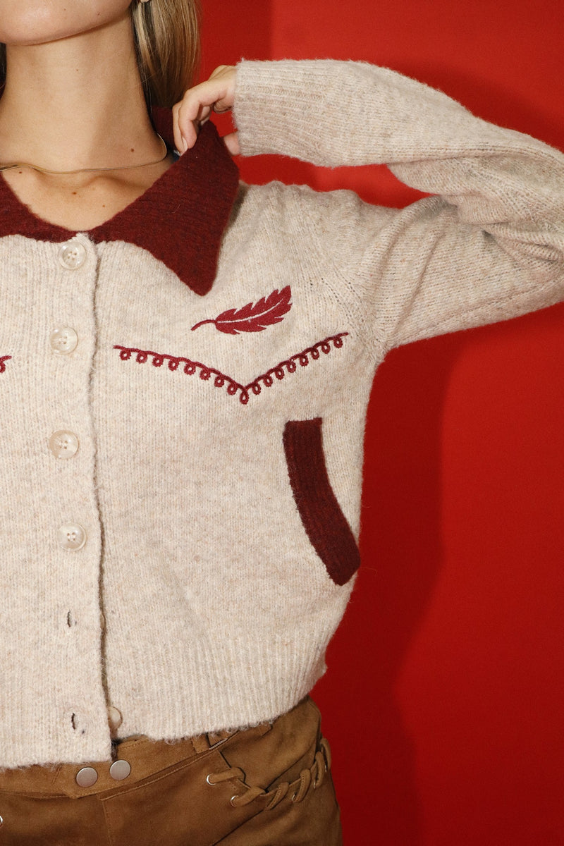 Feather Canyon Knit Embroidered Sweater - Heather Gray/Wine