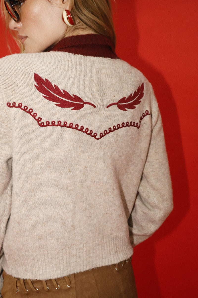 Feather Canyon Knit Embroidered Sweater - Heather Gray/Wine
