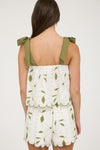Sweet Pea Tie Trap Sleeve Scalloped Trip Top - Olive/Ivory