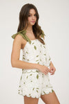 Sweet Pea Tie Trap Sleeve Scalloped Trip Top - Olive/Ivory