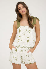 Sweet Pea Tie Trap Sleeve Scalloped Trip Top - Olive/Ivory