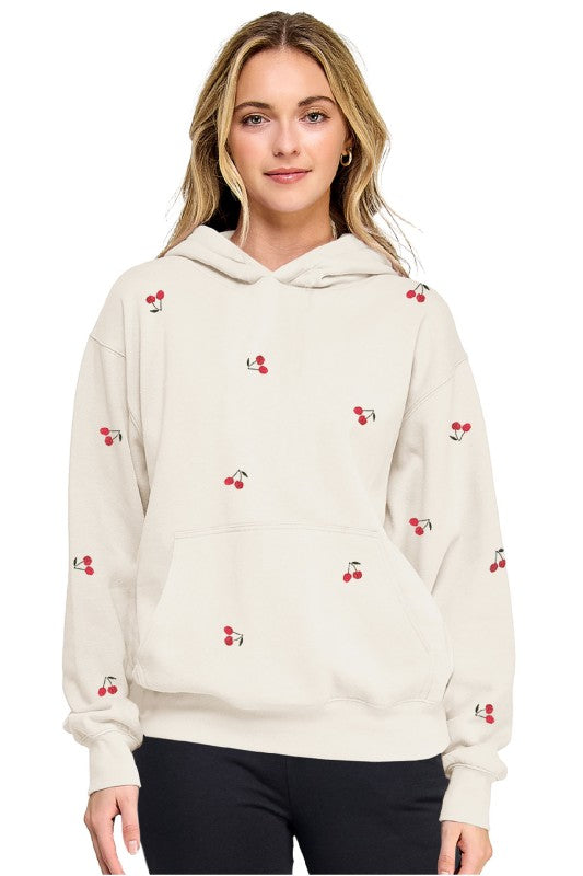 Very Berry Cherry Embroidered Hoodie- White