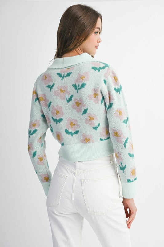 Mint Blossom Collared Sweater- Mint/Multi