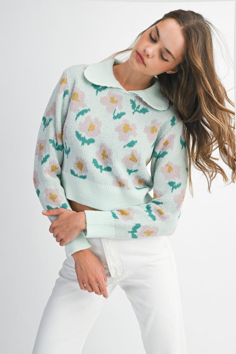 Mint Blossom Collared Sweater- Mint/Multi