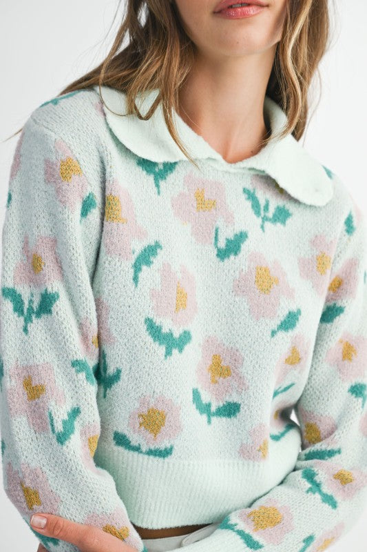 Mint Blossom Collared Sweater- Mint/Multi