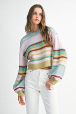 Mint Julep Crew Neck Stripe Knit Sweater - Mint/Multi