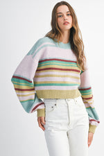 Mint Julep Crew Neck Stripe Knit Sweater - Mint/Multi
