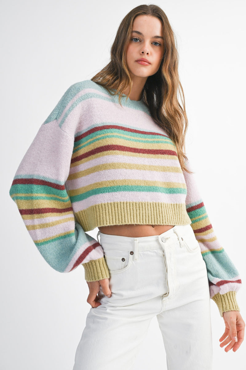 Mint Julep Crew Neck Stripe Knit Sweater - Mint/Multi