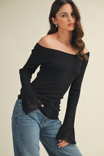 Forest Flutter Boat Neck Long Sleeve Ribbed Top - Black
