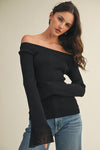 Forest Flutter Boat Neck Long Sleeve Ribbed Top - Black