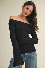 Forest Flutter Boat Neck Long Sleeve Ribbed Top - Black