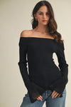 Forest Flutter Boat Neck Long Sleeve Ribbed Top - Black