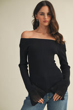Forest Flutter Boat Neck Long Sleeve Ribbed Top - Black