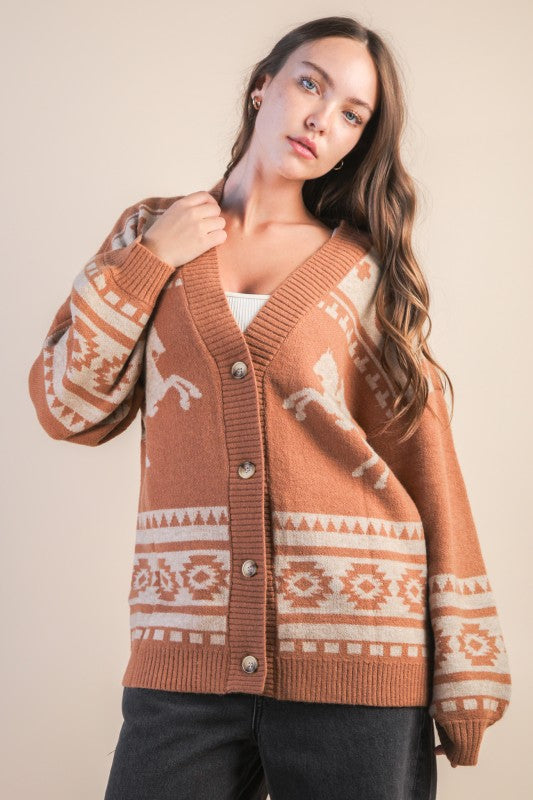 Wander West Western Print Button Cardigan - Oatmeal/Taupe