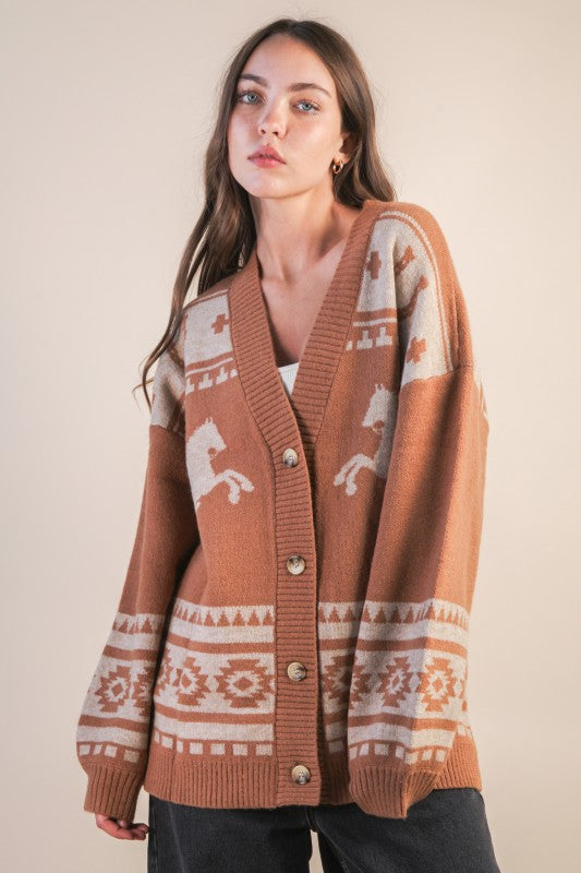 Wander West Western Print Button Cardigan - Oatmeal/Taupe