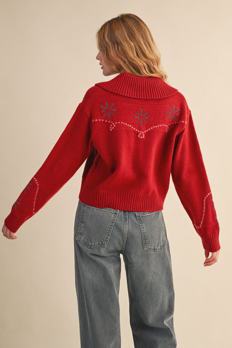 Crimson Crush Western Design Button Up Cardigan- Crimson