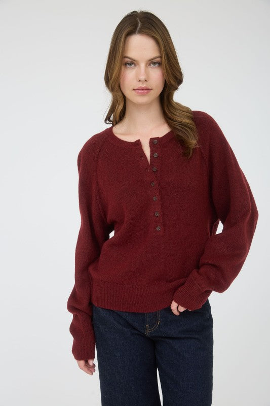 Cloudsong Cozy Knit Button Front Sweater- Wine