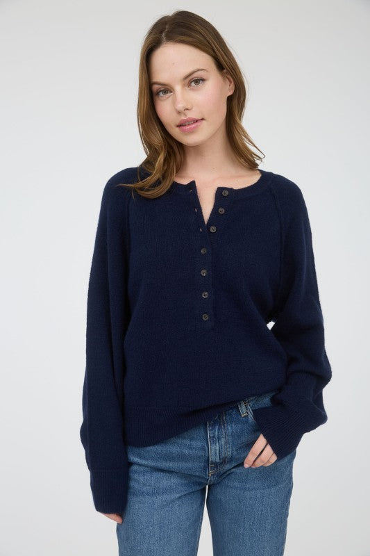 Cloudsong Cozy Knit Button Front Sweater- Navy