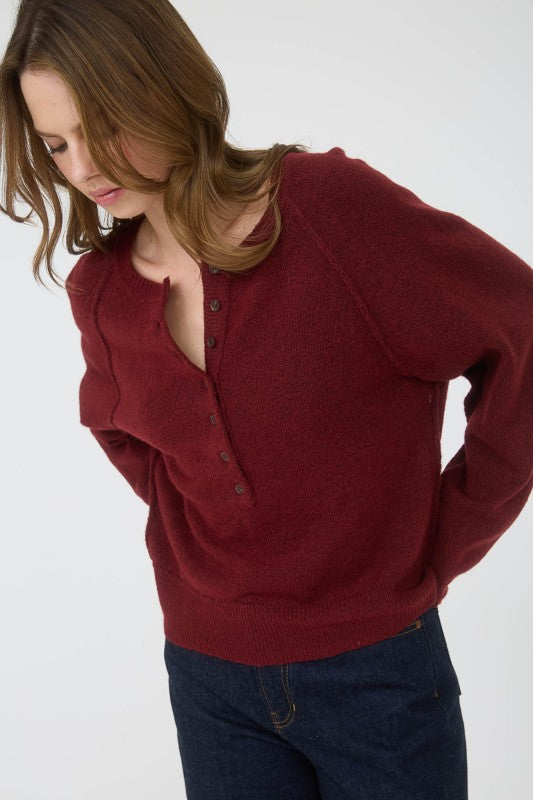 Cloudsong Cozy Knit Button Front Sweater- Wine