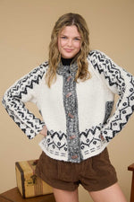 Nordic Trail Boucle Fair Isle Knit Cardigan- Ivory/Black