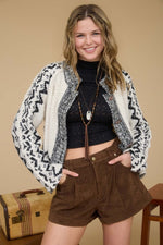 Nordic Trail Boucle Fair Isle Knit Cardigan- Ivory/Black