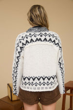 Nordic Trail Boucle Fair Isle Knit Cardigan- Ivory/Black