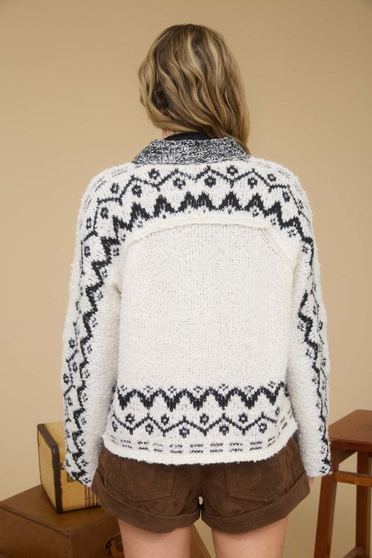 Nordic Trail Boucle Fair Isle Knit Cardigan- Ivory/Black