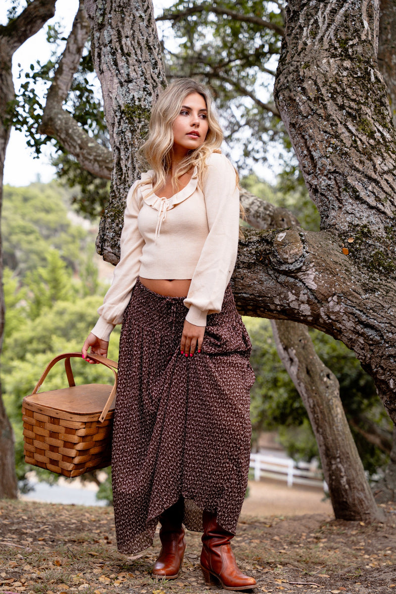 Chocolate Kiss Smocked Waist Floral Maxi Skirt - Mocha