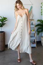 Honey Draped Spaghetti Strap Button Up Dress - Taupe