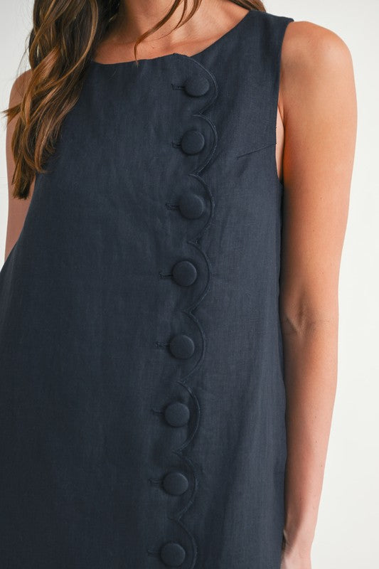 Midnight Coast 100% Linen Sleeveless Scalloped Button Detail Shift Dress - Navy Midnight Coast 100% Linen Sleeveless Scalloped Button Detail Shift Dress - Navy