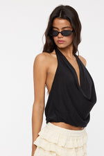 Afterdark Cowl Neck Open Back Halter Top- Black