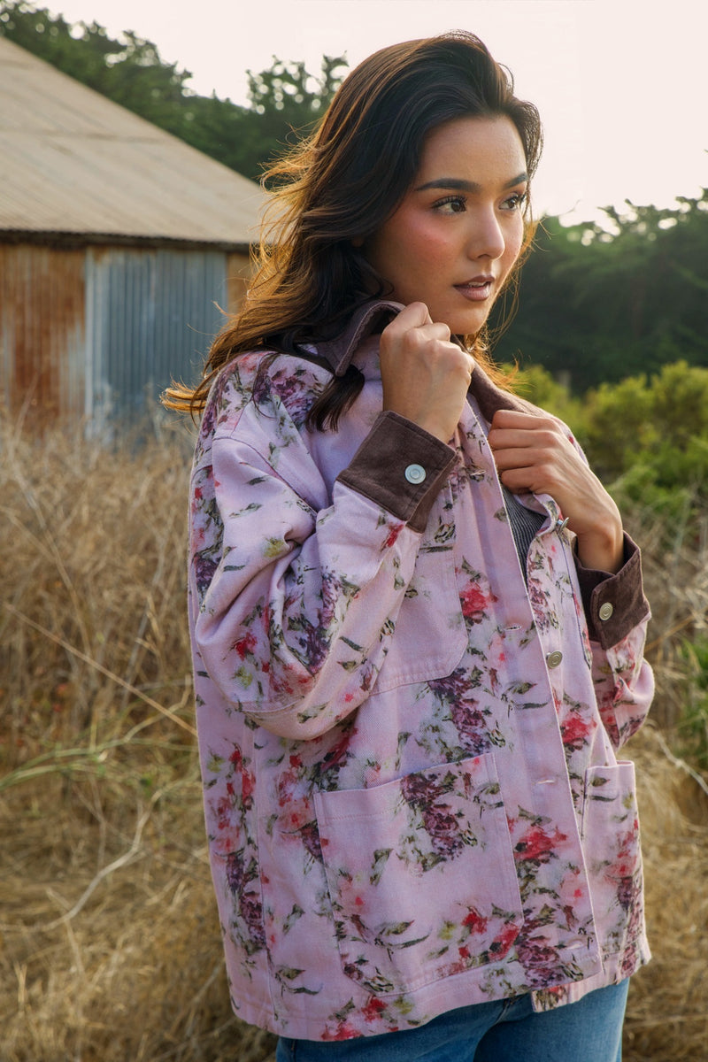 Wild Seed Specialty Floral Jacket W/ Velvety Cuffs + Collar- Chocolate Rose