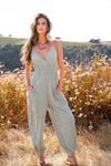 Coastal Cruising Spaghetti Strap V-Neck Muslin Jumpsuit- Sage
