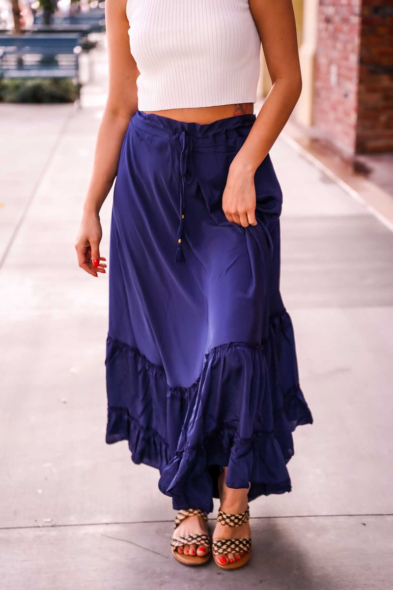 Karma Highway Flowy Satin Tiered Skirt - Navy