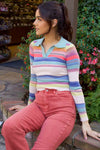 Shifting Seasons Cropped Striped Sweater W/ Collar Neckline - Sage/Multi