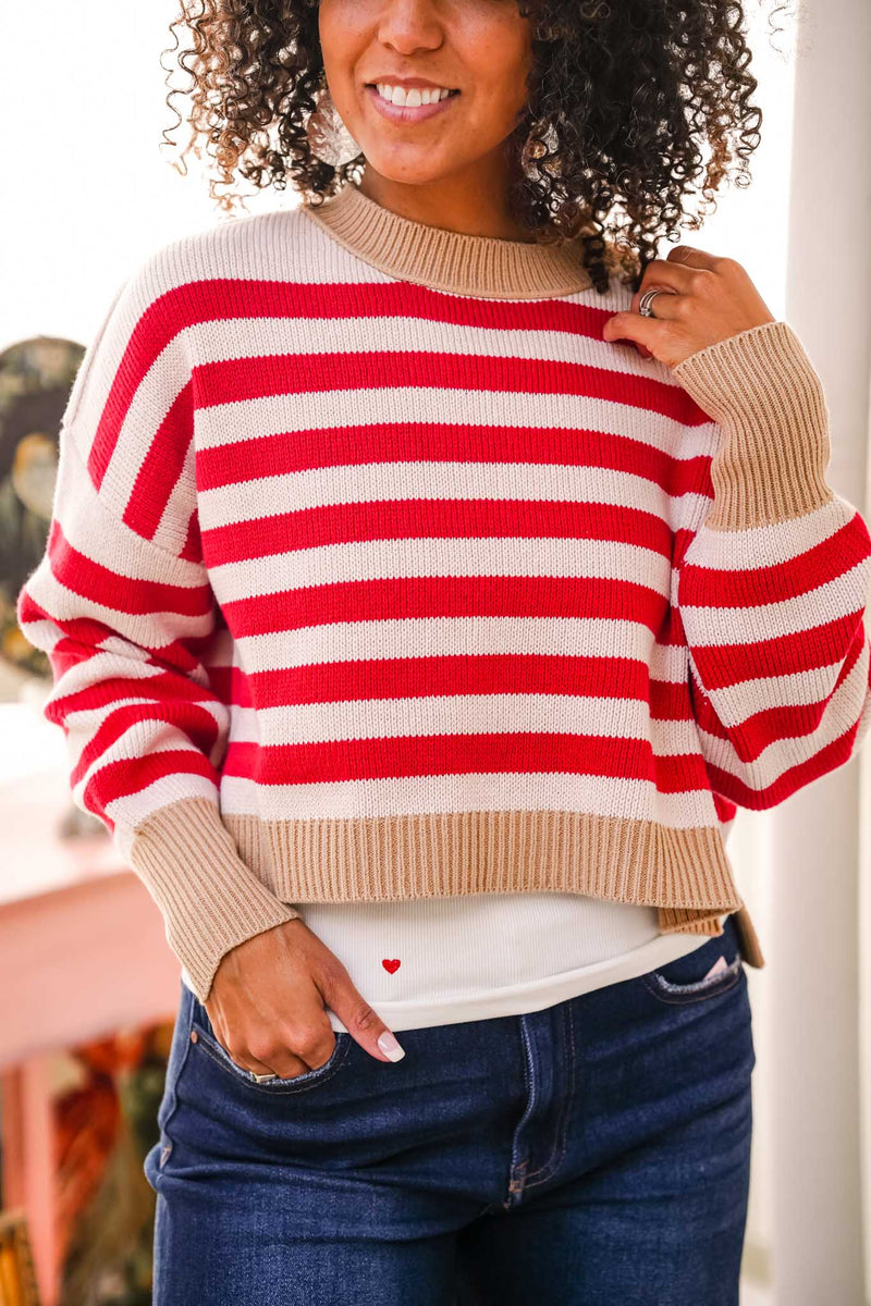 Strawberry Glaze Striped Crewneck Sweater- Red/Natural