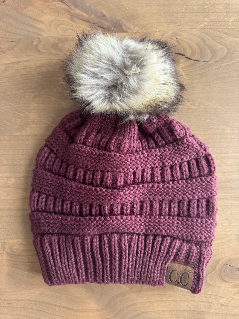 CC Pom Thick Cable Knit Beanie- Cardinal