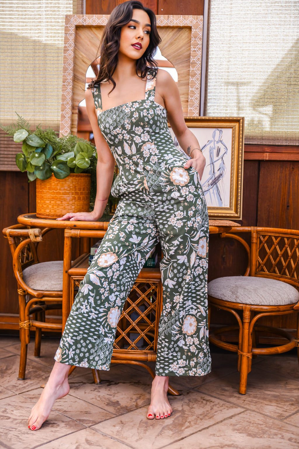 Leaping Lillies Floral Jumpsuit - Olive/Multi