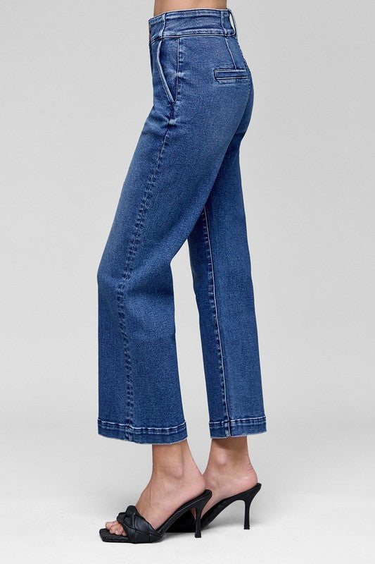 Risen Tummy Control High Rise Crop Boot Cut Jeans- Dark