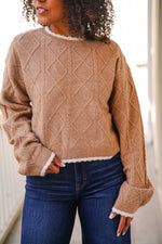 Gingerbread Grove Scallop Trim Cable Knit Pullover Sweater- Gingerbread