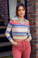 Shifting Seasons Cropped Striped Sweater W/ Collar Neckline - Sage/Multi