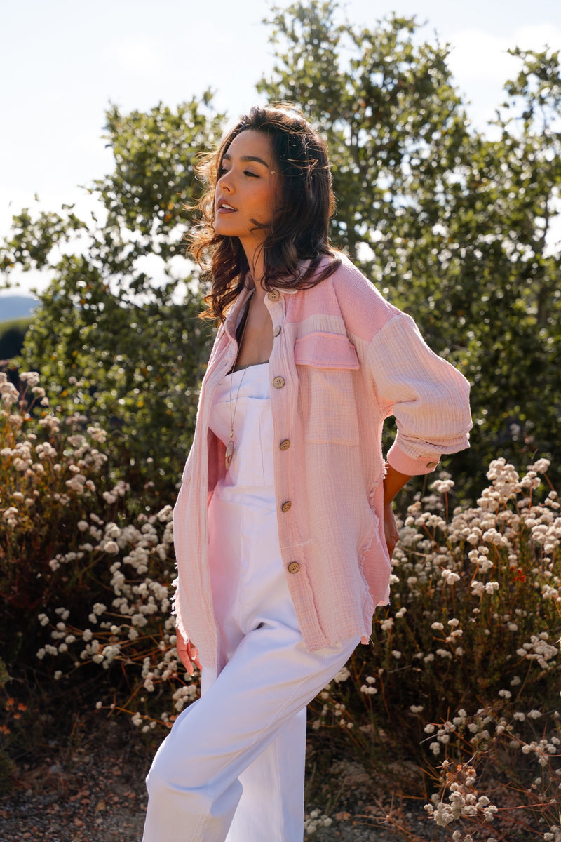 Sunday Stroll Raw Hem Textured Button Up Top -Blush