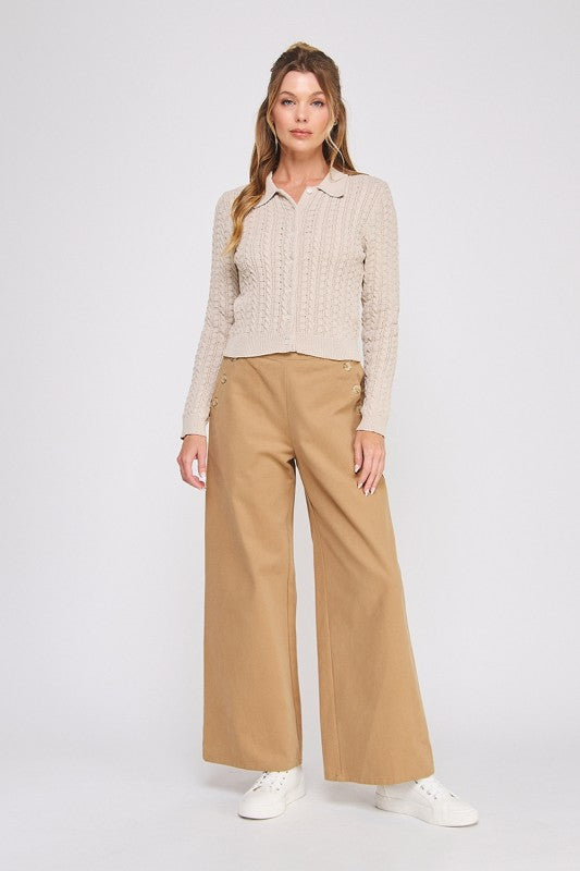 Fall Favorite Cable Knit Button Down Sweater Collar- Sand