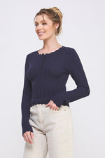 Something Sweet Pointelle Henley Sweater Scallop Edge- Navy