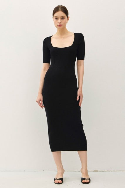 Monique Short Sleeve Ribbed Knit Midi Dress- Black